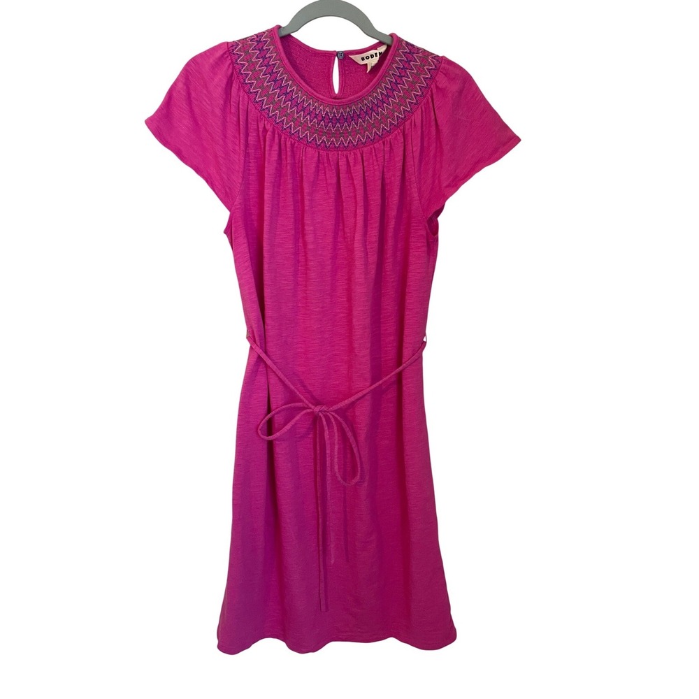 Boden Nina Embroidered Smocked Belted T-Shirt Dress Pink Multi Size US 8